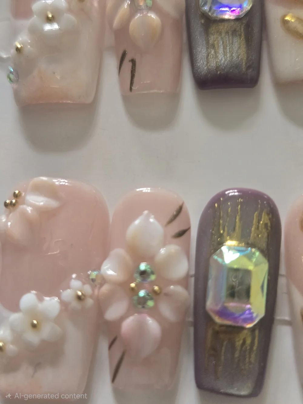 3D Floral Press-On Nail Set in Pink & Purple with Gold Accents